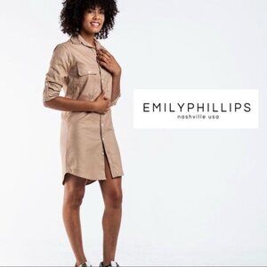 Emily Phillips 6 Shirtdress Tan Top Dress Small Button Down Up Long Sleeve Mini